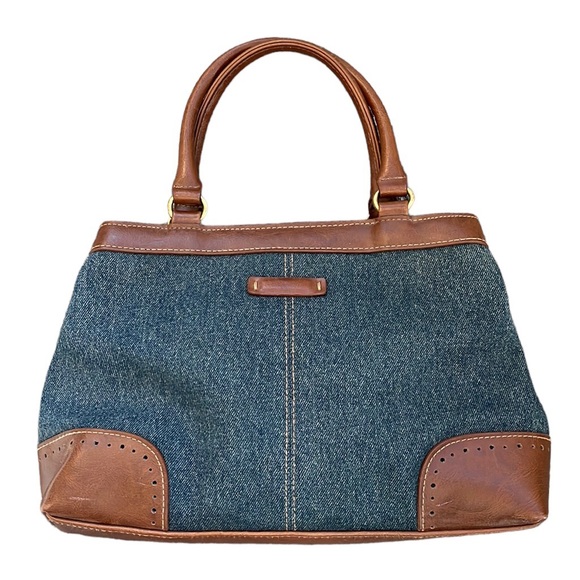 Vintage Denim Purse Shoulder Bag Handbag Double Handle Brown Vegan Leather - Picture 1 of 7
